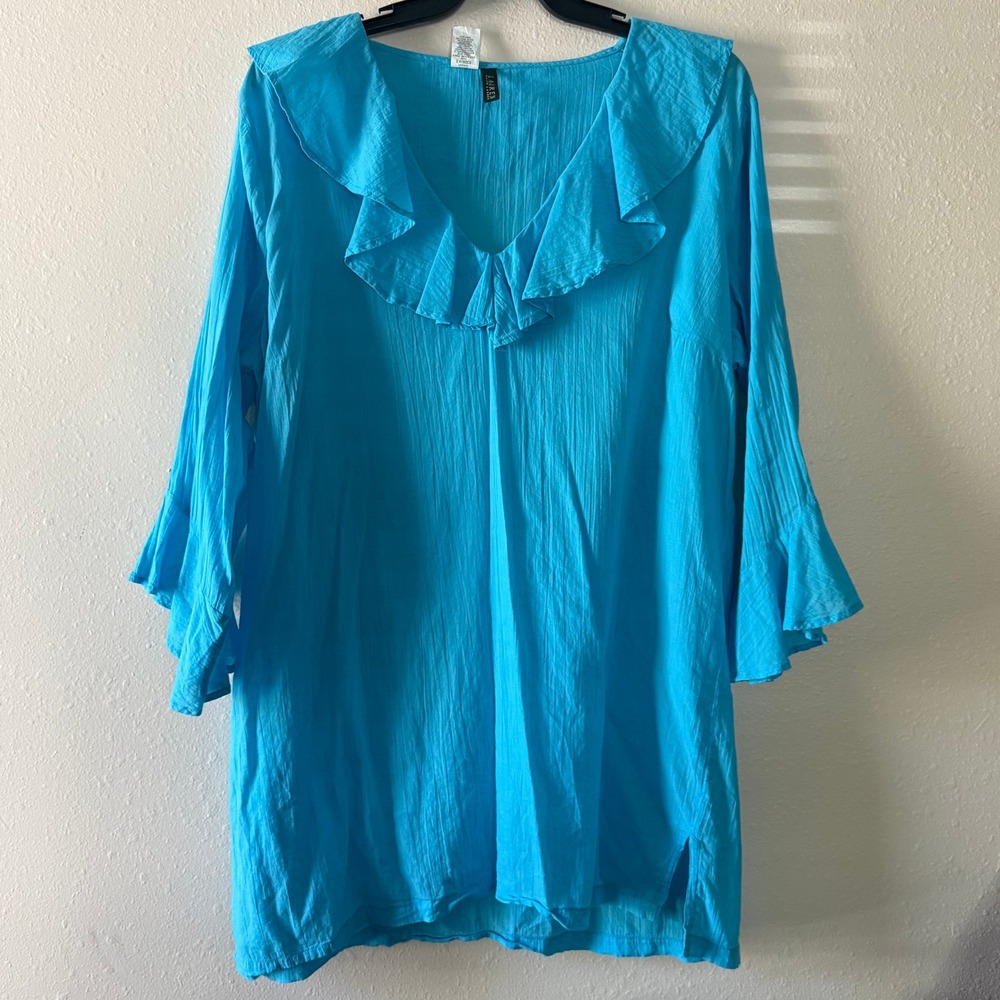 Lauren Ralph Lauren Blue Cotton Gauze Ruffle Tunic Top XL Boho Bell Sleeve